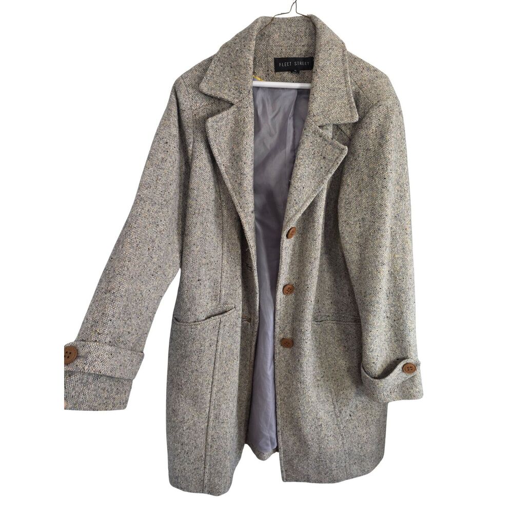 Fleet Street Heather Beige Tweed Wool Blend Notch Lapel Overcoat Jacket XL
